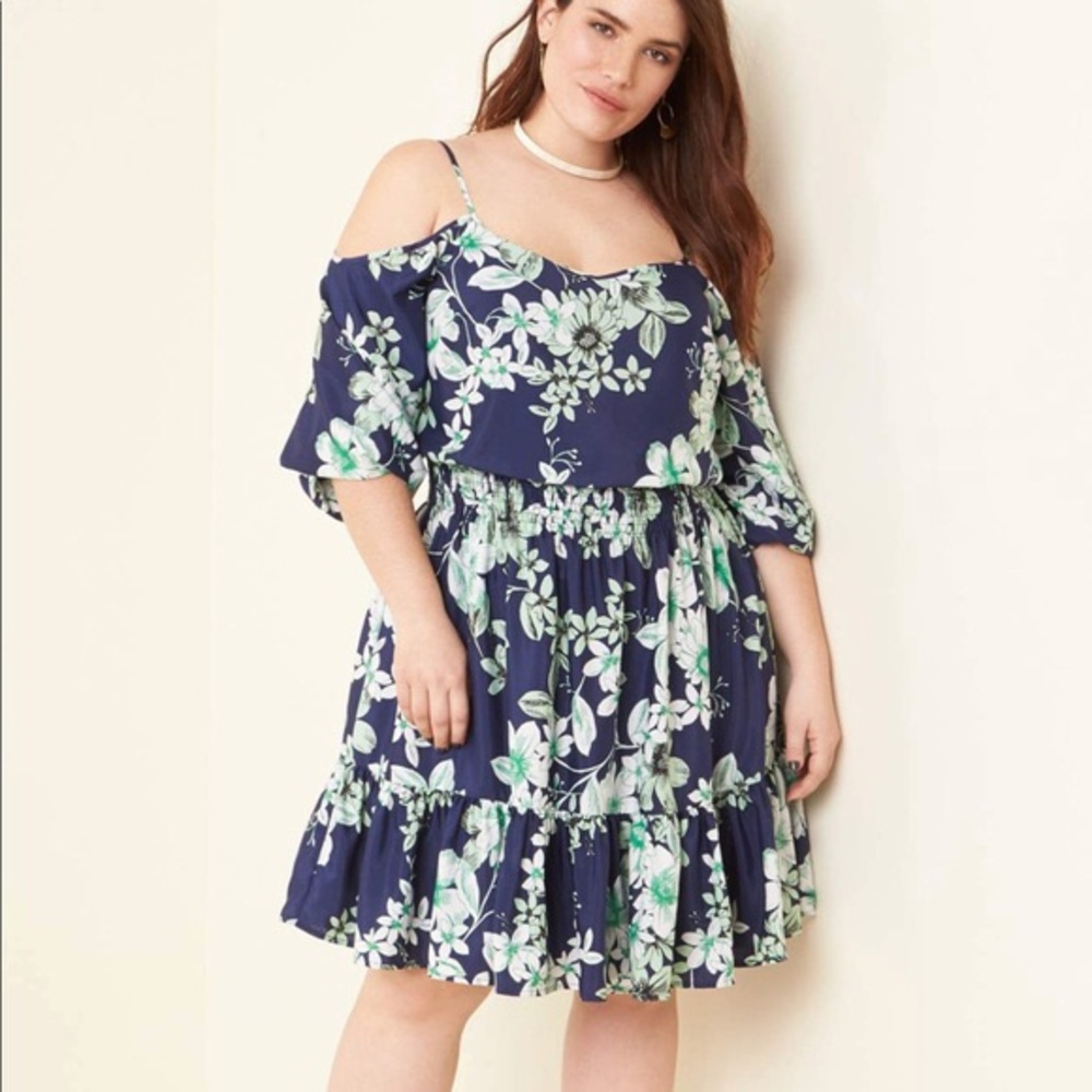 Eliza J Navy & Green Cold Shoulder Blouson Dress - Picture 9 of 10